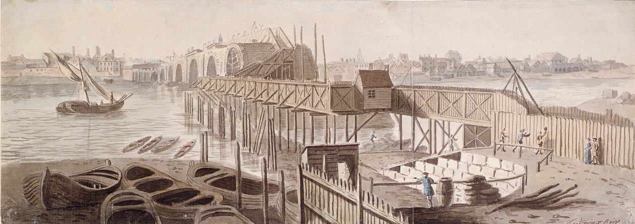Construção da ponte Blackfriars, c1762 de Francis Grose
