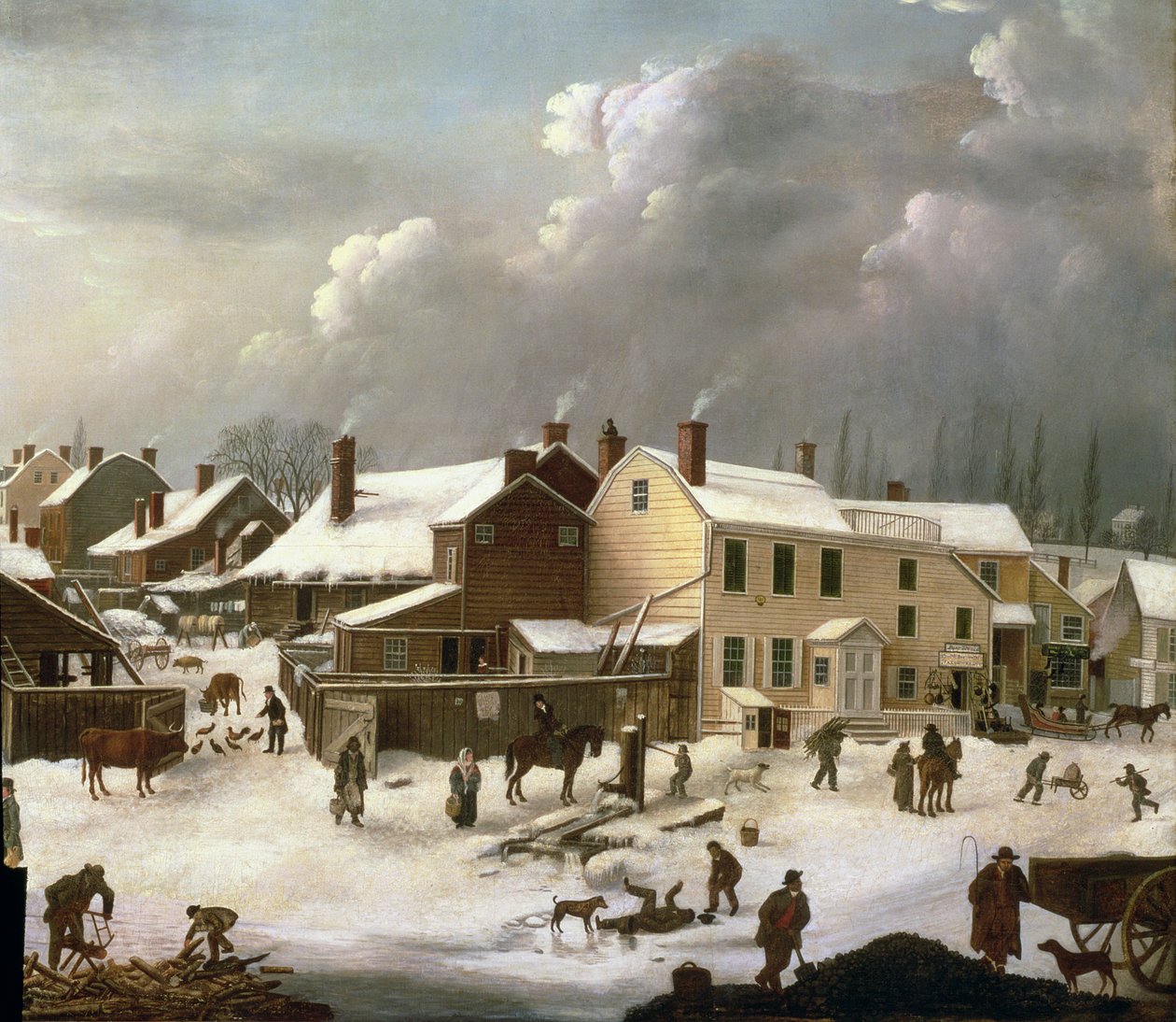 Cena do inverno em Brooklyn, detalhe de uma rua e dos correios, c.1817-20 (detalhe de 84498) de Francis Guy