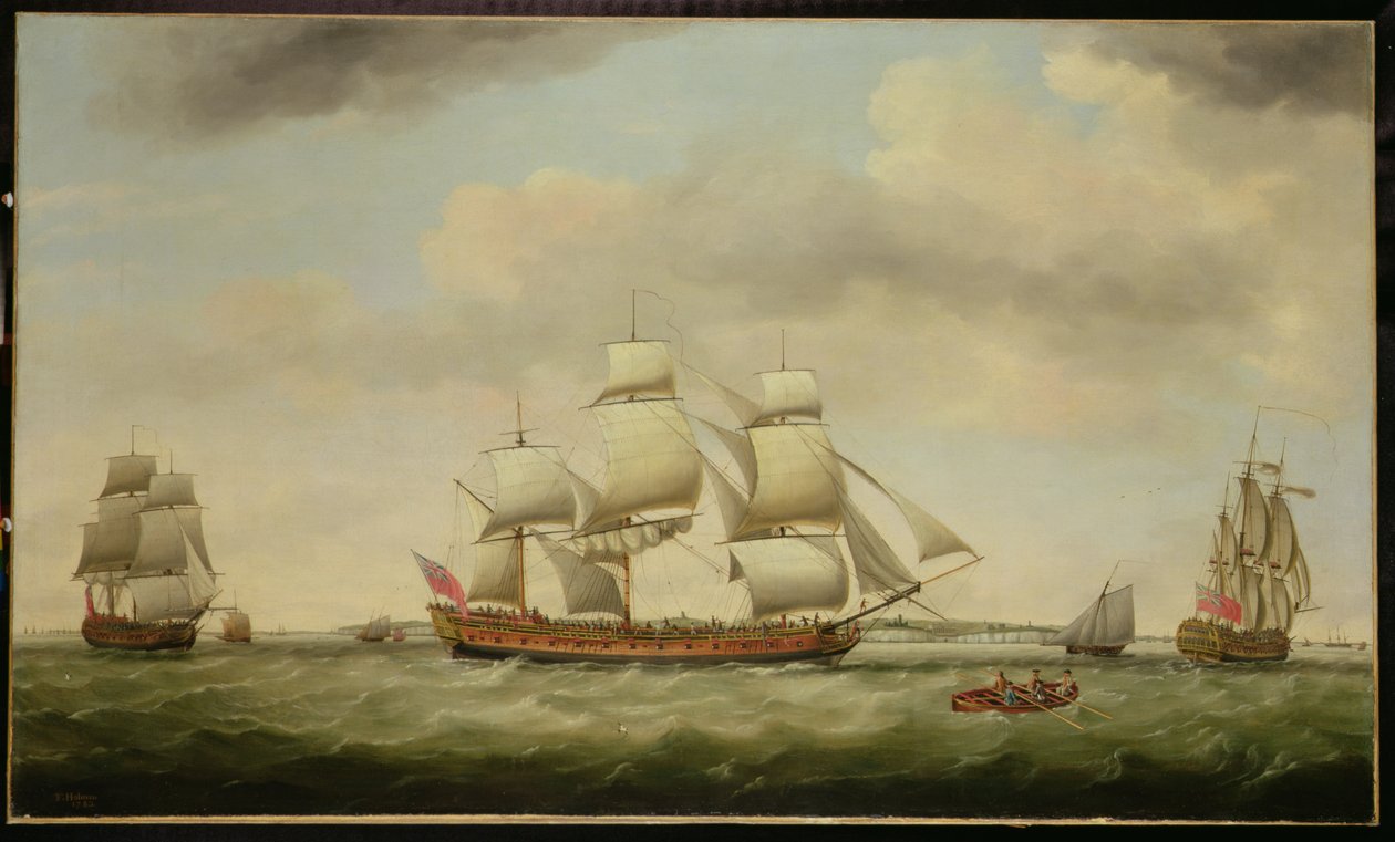 O East Indiaman "General Coote" em três posições ao largo de Downs de Francis Holman