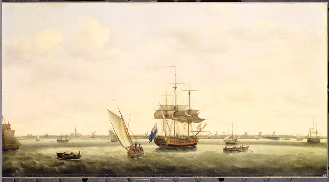 A fragata &39;surpresa&39; em Anchor off Great Yarmouth, Norfolk, c.1775 de Francis Holman