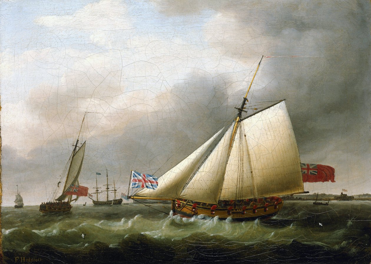 O navio "Fly" e outros navios, a sul de Downs (Inglaterra), com a bandeira da Union Jack. Óleo sobre tela de Francis Holman