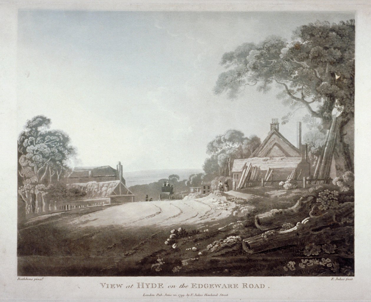 Uma carruagem puxada por cavalos desaparecendo sobre uma colina na Edgware Road, Londres, 1799 de Francis Jukes