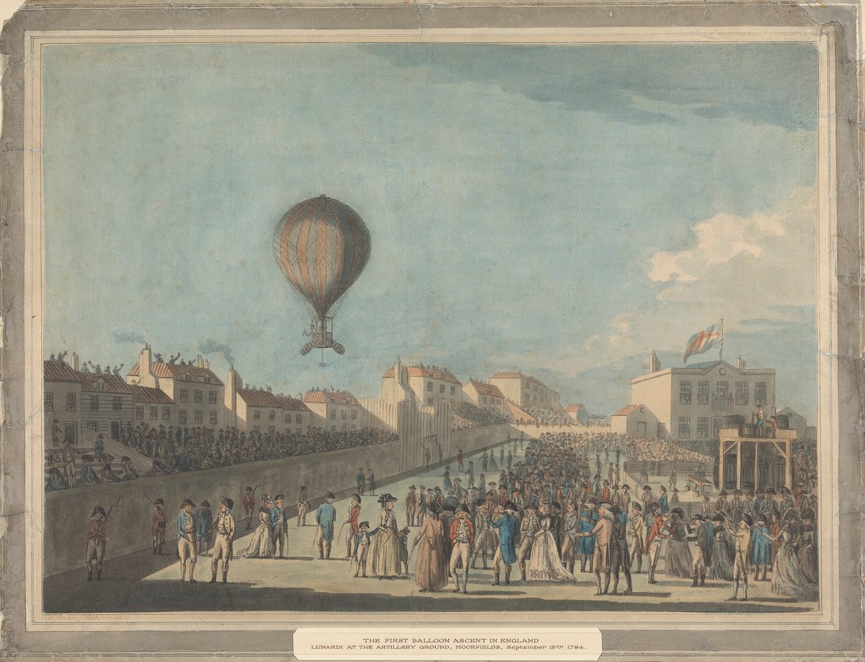 A Primeira Subida de Balões em Inglaterra, Setembro de 1784, do Campo de Artilharia, Moorfields de Francis Jukes