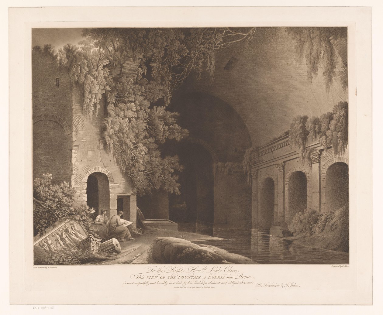 Dois desenhadores no Nymphaeum of Egeria no Parque de Caffarella, perto de Roma
Vista da Fonte de Egeria perto de Roma (título sobre o objecto) de Francis Jukes