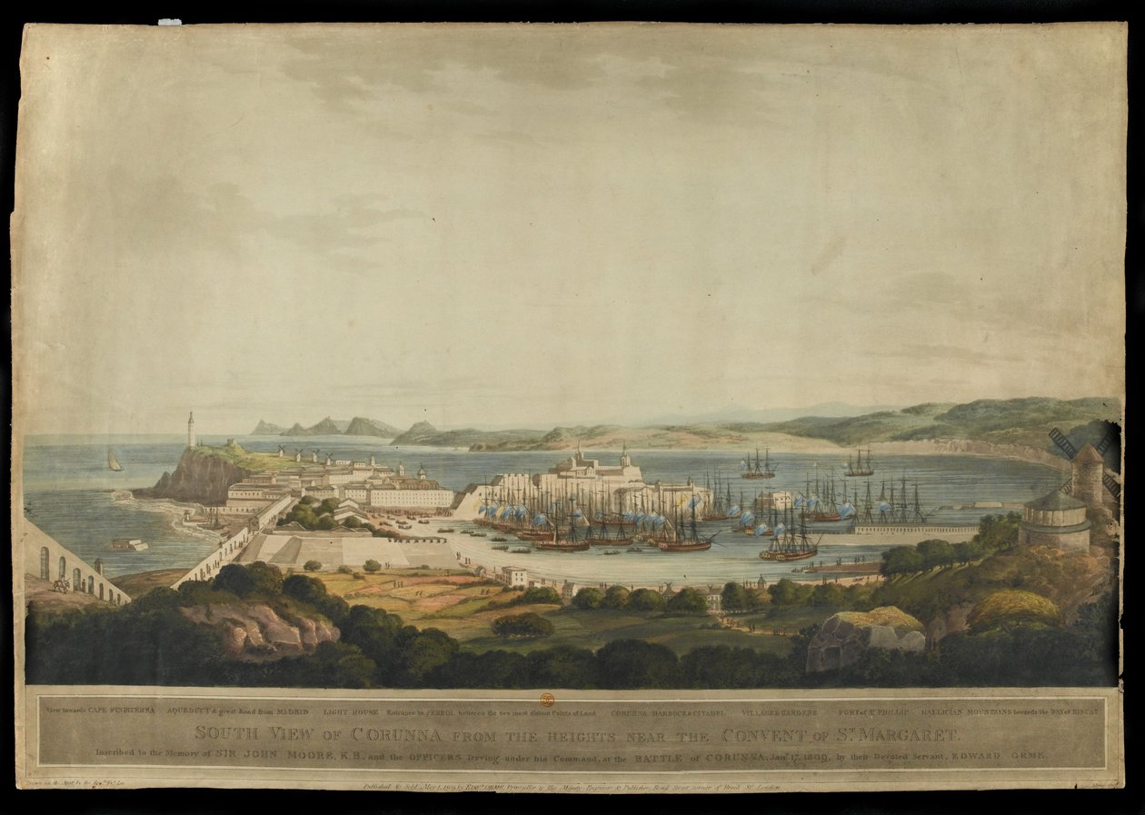 Vista sul da Corunha das alturas perto do Convento de Santa Margarida, gravado por H. Merke, publicado em 1809 (colorido aquatint) de Francis Lee