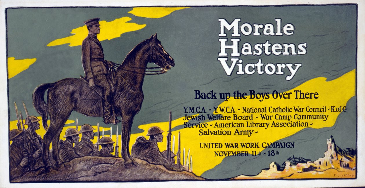 Moral apressa a vitória - apoie os meninos lá em campanha do trabalho da guerra unida, os 11 a 18 de novembro, bar. 1918 de Francis Luis Mora
