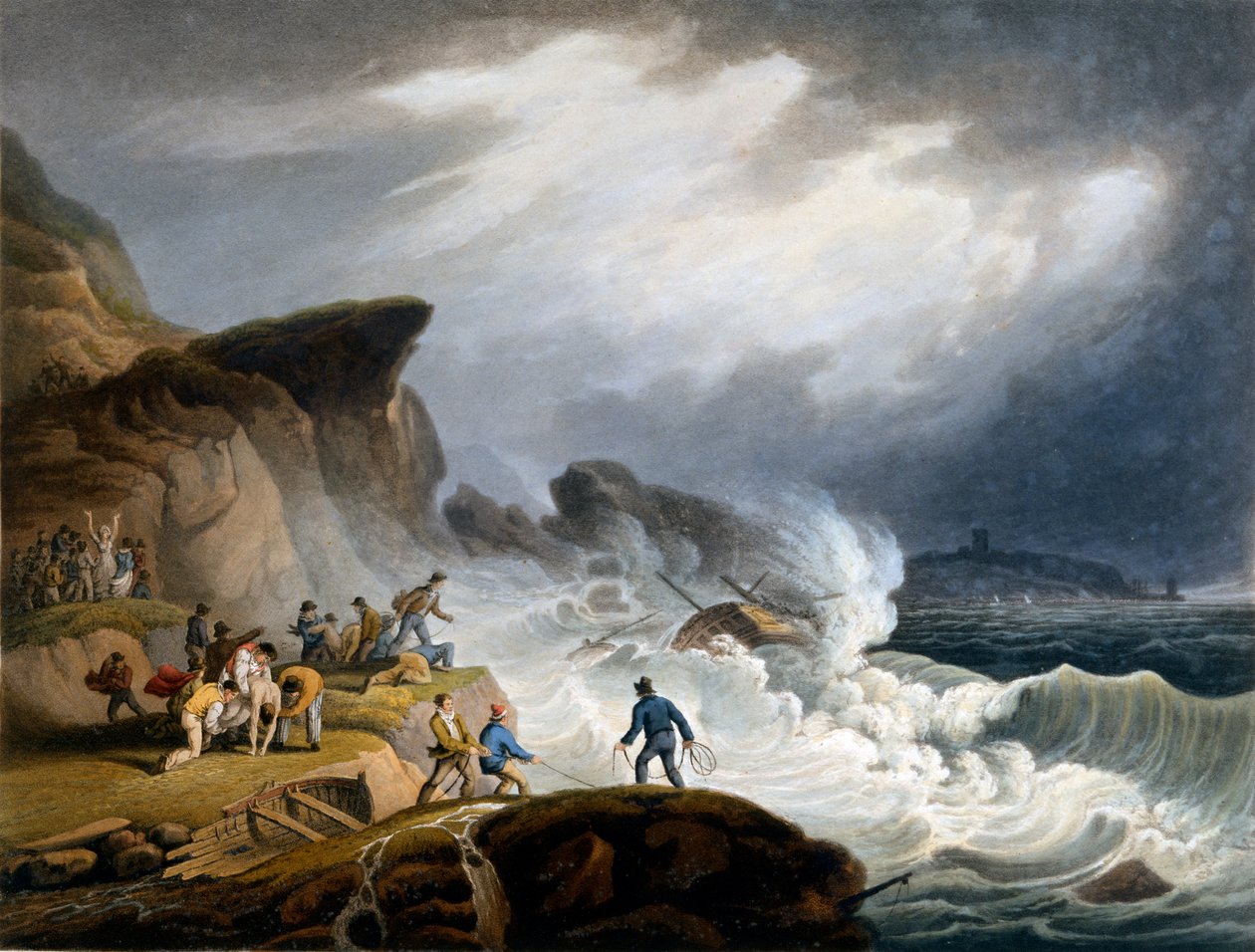 Baía de Robin Hood, Yorkshire, 1825 (aquatinta colorida à mão) de Francis Nicholson