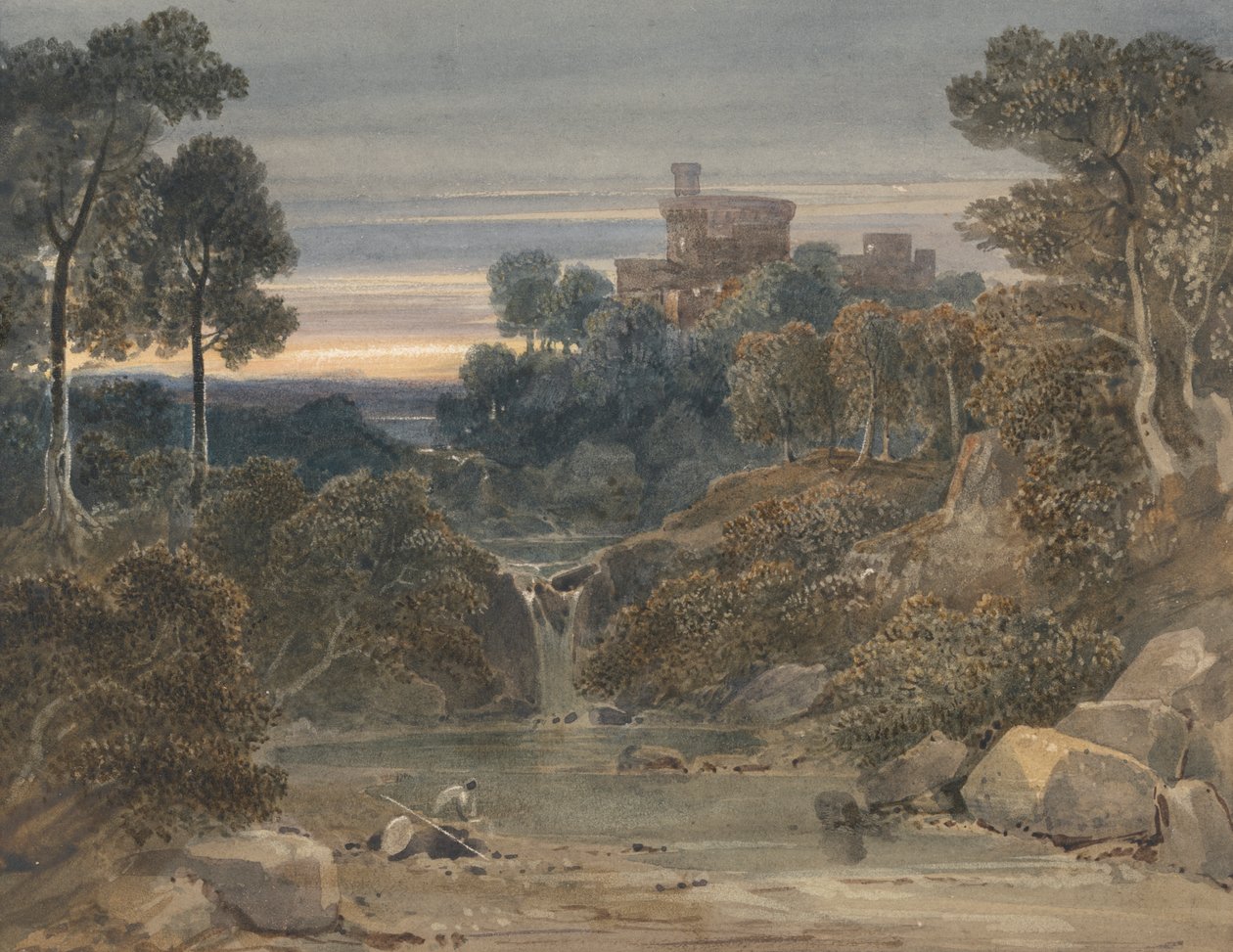 Paisagem com Castelo, Cascata e Córrego em Primeiro Plano de Francis Oliver Finch