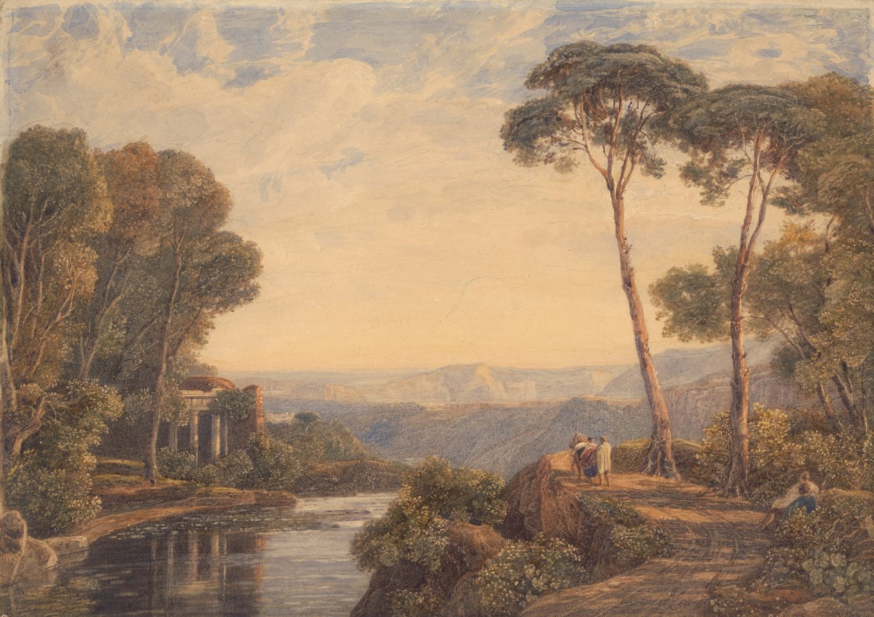 Paisagem com um Templo e Figuras à beira de um rio de Francis Oliver Finch