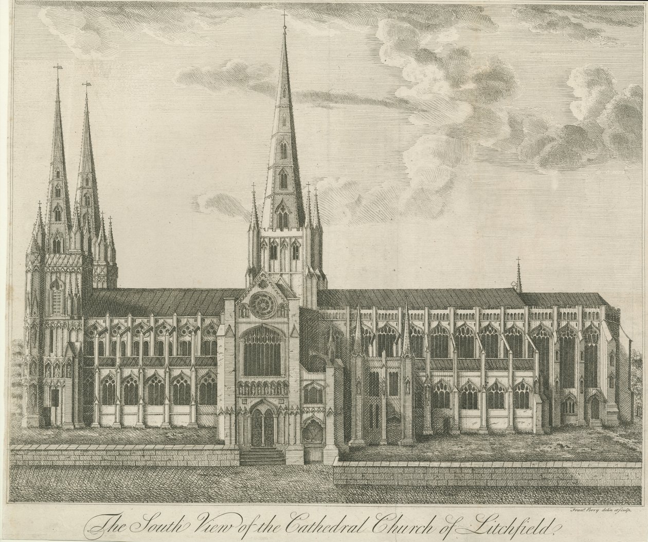 Catedral de Lichfield - Vista Sul: gravura, sd [século 19] (impressão) de Francis Perry