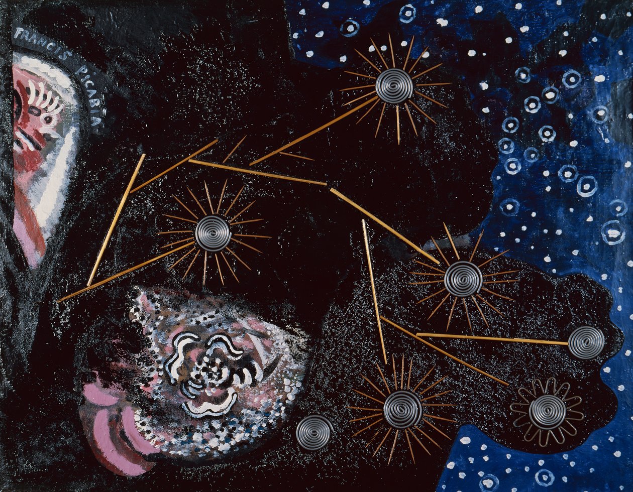 Flirt (ripolin, palitos, palhinhas, agrafos e fio de chumbo sobre tela) de Francis Picabia