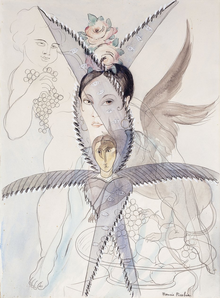 Transparency - Head and Winged Horse; Transparence - Tete et Cheval Aile, c.1928 (aguarela, guache, giz preto e lápis sobre papel) de Francis Picabia