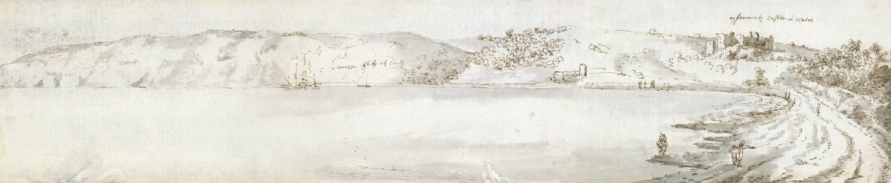 Castelo de Oystermouth, c.1678 (aguarela e tinta castanha sobre papel) de Francis Place