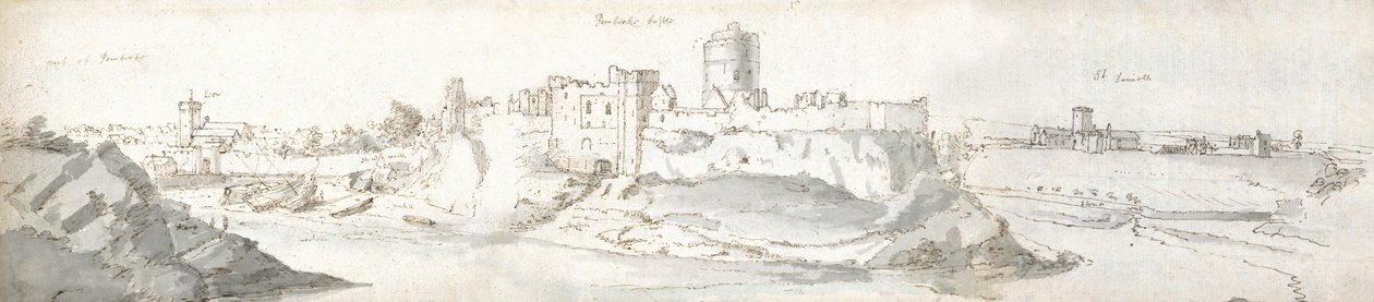 Castelo de Pembroke, c.1678 (aguarela e tinta castanha sobre papel) de Francis Place