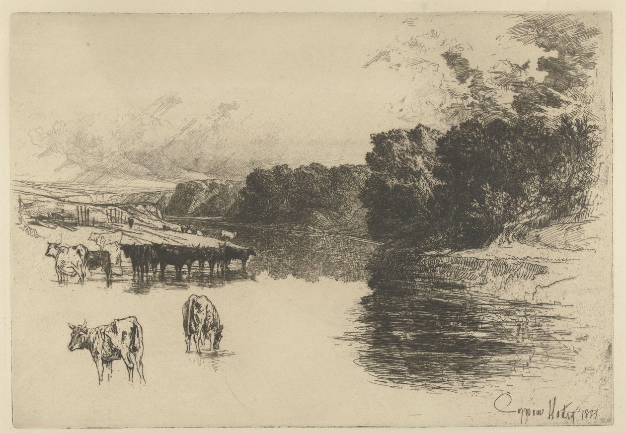 Vacas por um rio Um rio Lancashire de Francis Seymour Haden (Sir) (signed by artist)