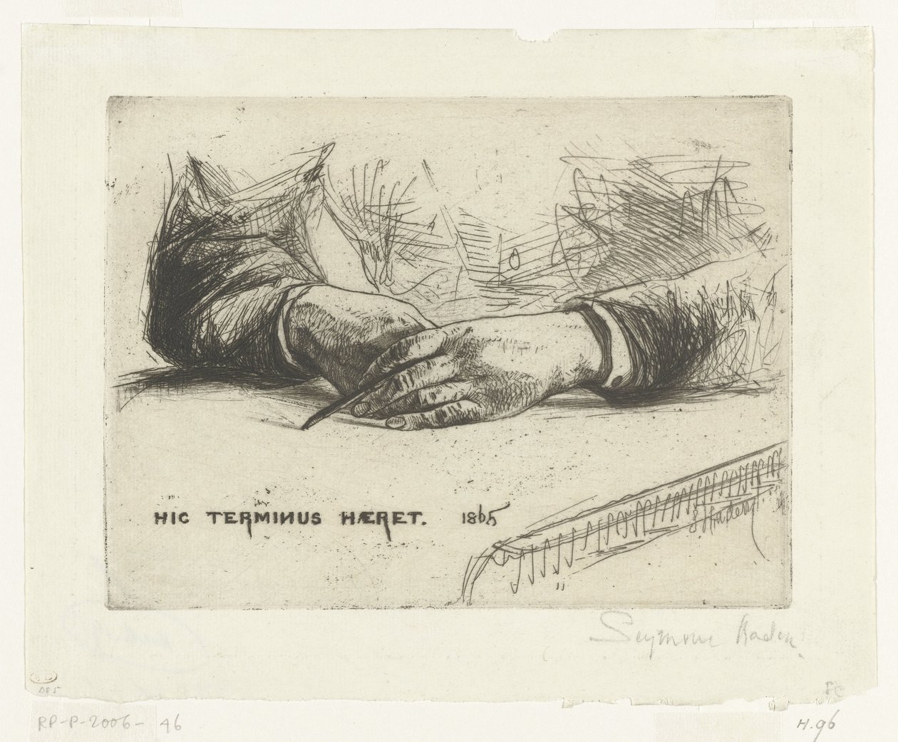 Desenho a duas mãos com lápis de cera
Mãos segurando um lápis de cera
Hic Terminus Haeret (título sobre o objecto) de Francis Seymour Haden (Sir) (signed by artist)