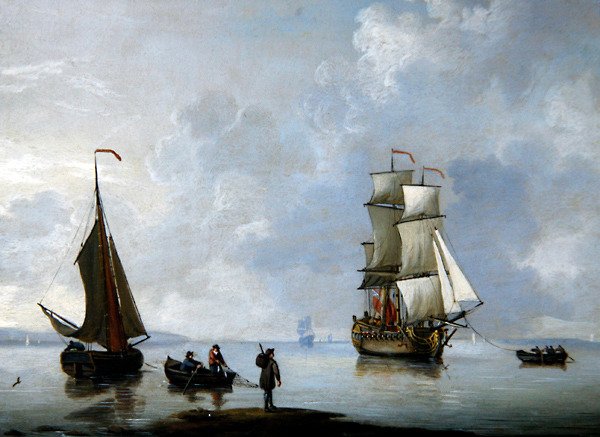 Um homem de guerra britânico a ser rebocado para Anchor (óleo sobre cobre) de Francis Swaine