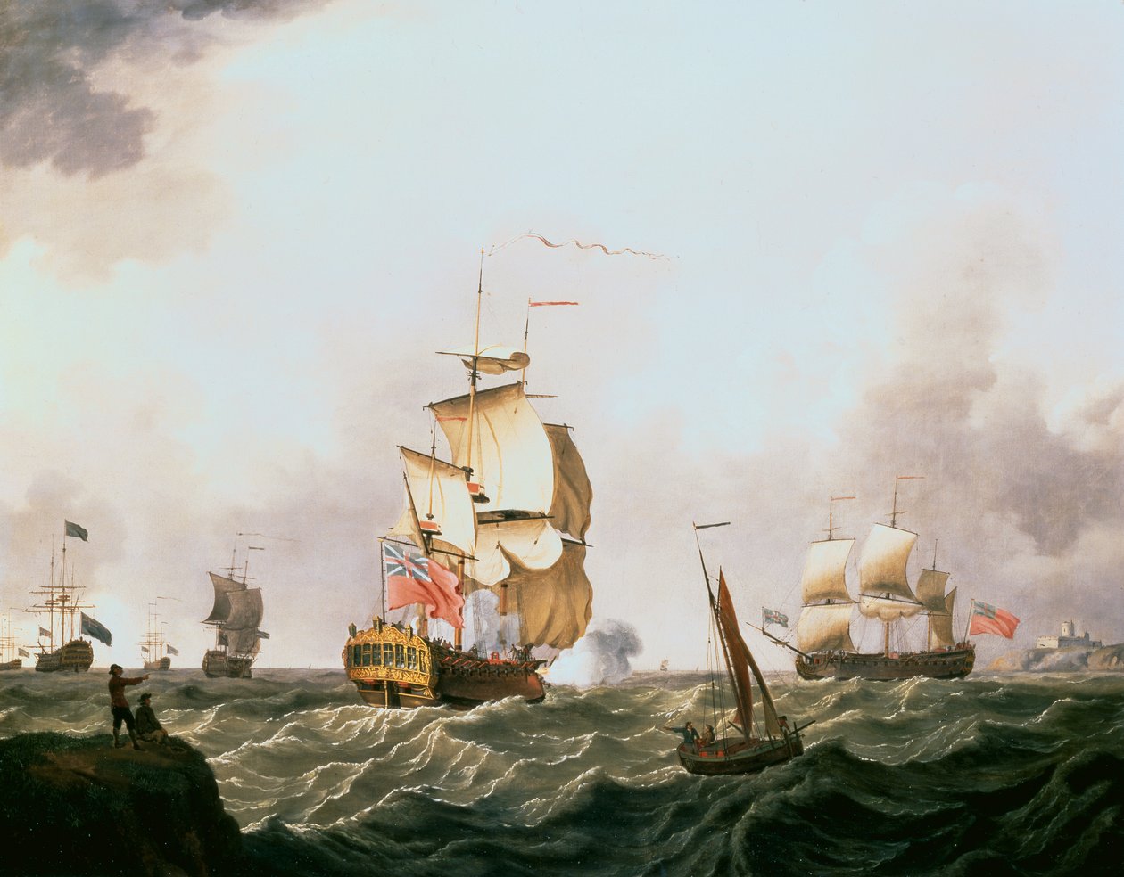 Flagship de um esquadrão vermelho anunciando sua chegada (óleo) de Francis Swaine