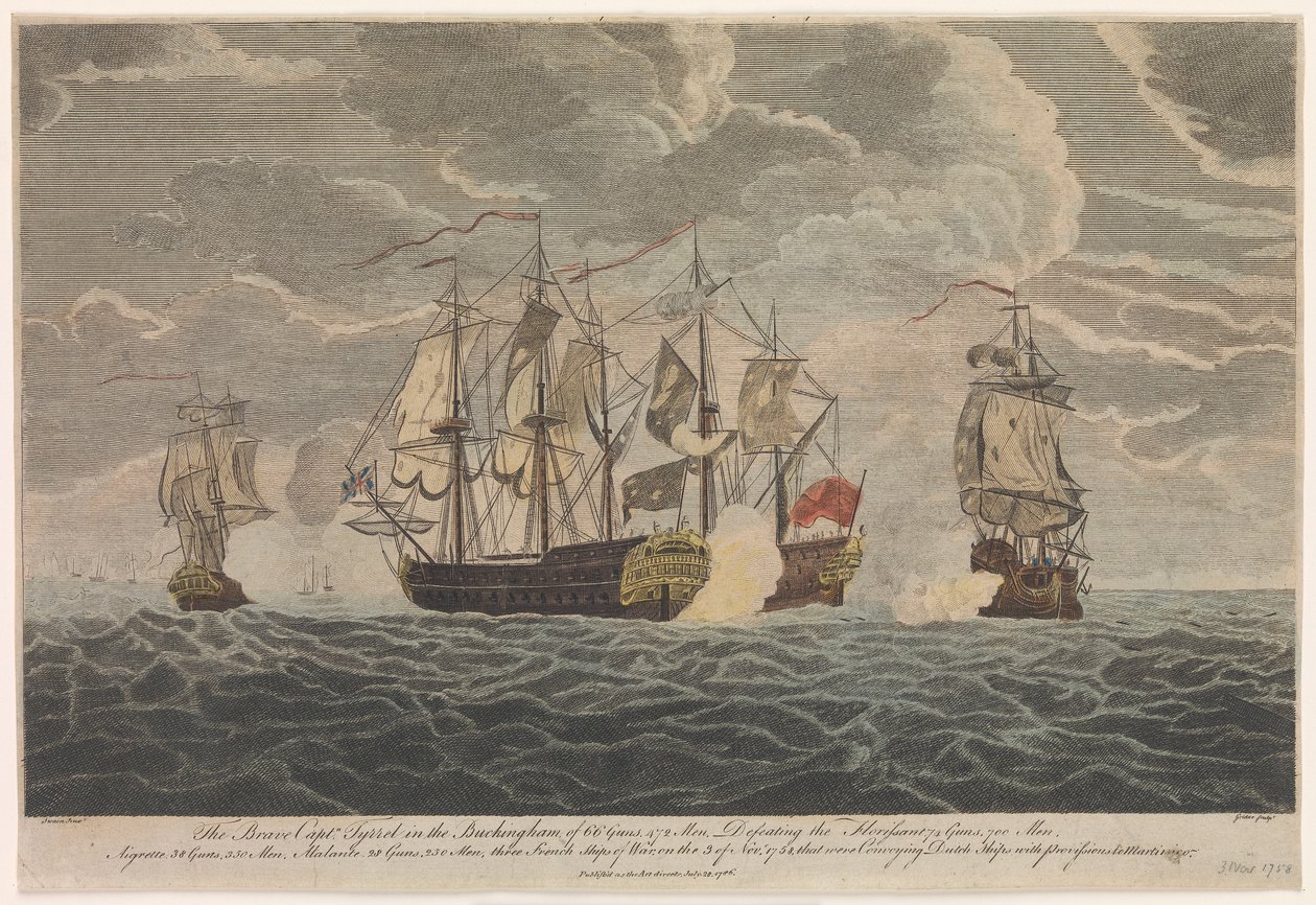 O corajoso capitão Tyrrel no "Buckingham" de 66 canhões e 472 homens derrotando o "Florissant", o "Aigrette" e o "Atlante", três navios de guerra franceses, a 3 de novembro de 1758 de Francis Swaine