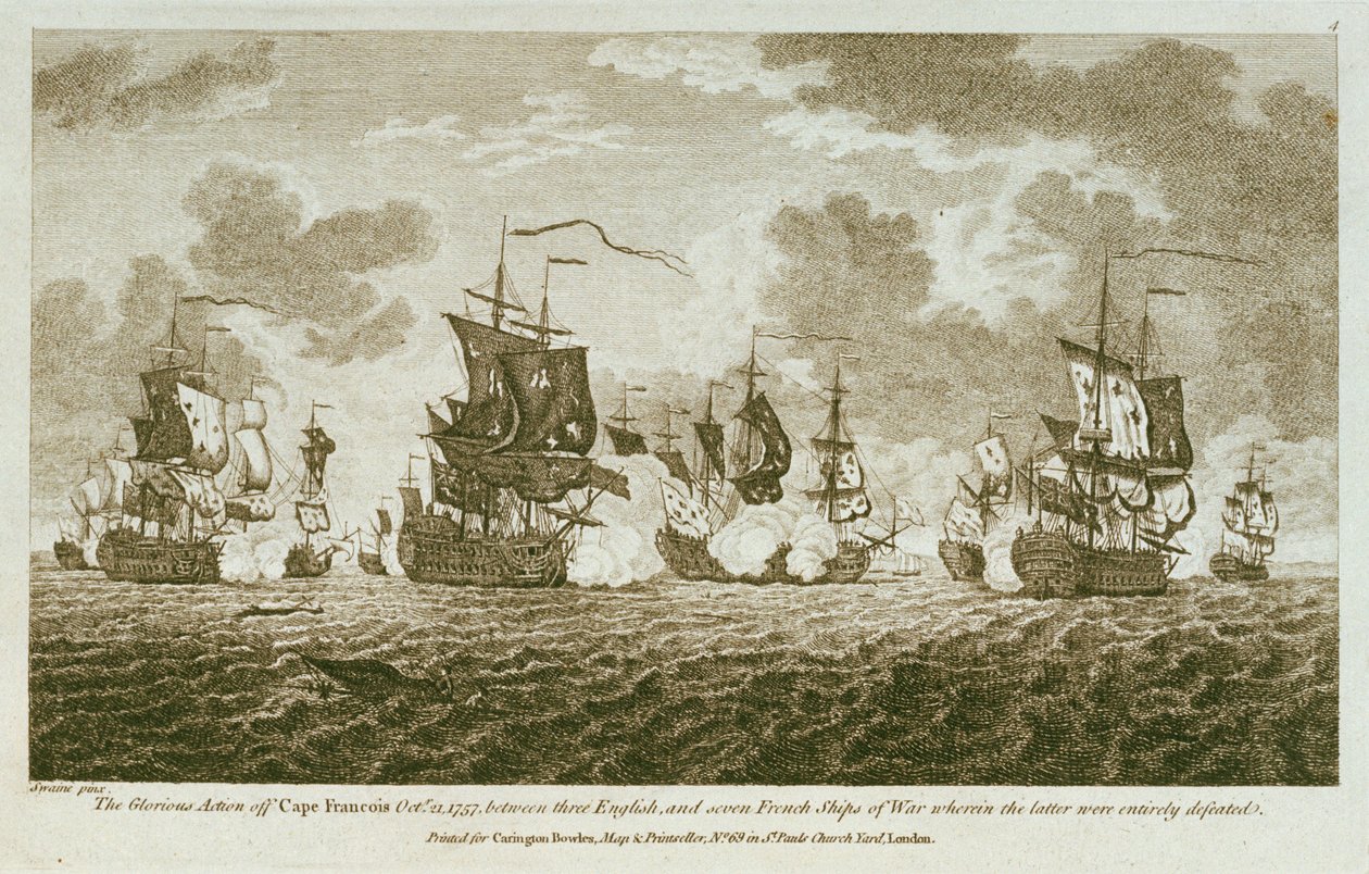 Doze gravuras de combates marítimos. A ação gloriosa ao largo do Cabo Francois, a 21 de outubro de 1757, entre os ingleses e sete navios de guerra franceses, em que estes últimos foram inteiramente derrotados. (gravura) de Francis Swaine