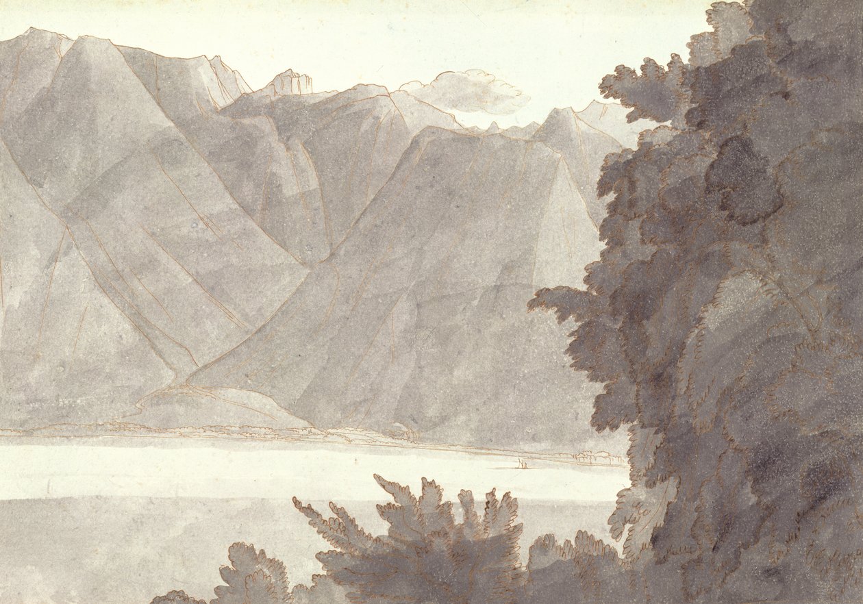 Cabeça do Lago de Genebra, caneta e tinta e lavagem no papel de Francis Towne