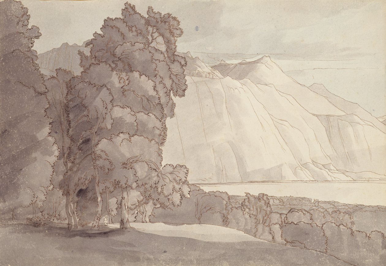 Paisagem (Lago de Genebra) (caneta e tinta e lavagem em papel) de Francis Towne