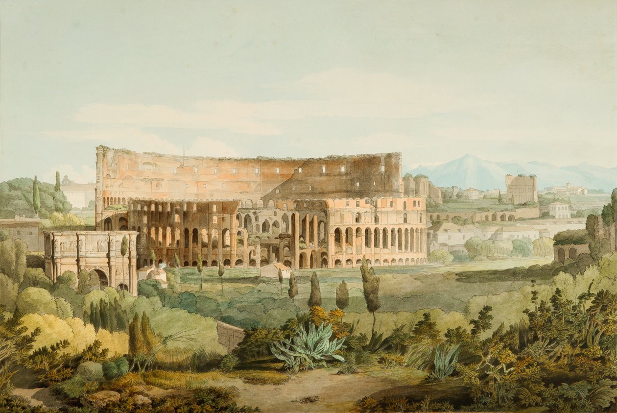 O Coliseu dos Montes Caelianos, 1799 (caneta, tinta e wc no papel) de Francis Towne