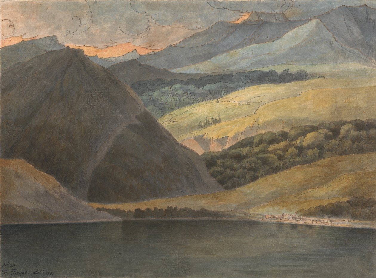 Vista do Lago Maggiore ao entardecer de Francis Towne