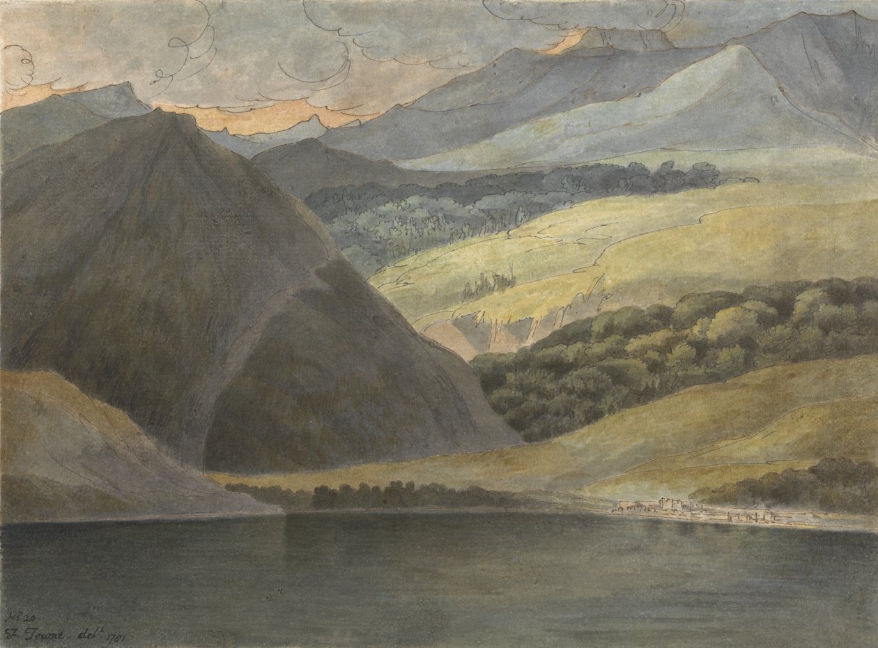 Ver no Lago Maggiore em Evening, 1781 (caneta e tinta com wc no papel) de Francis Towne