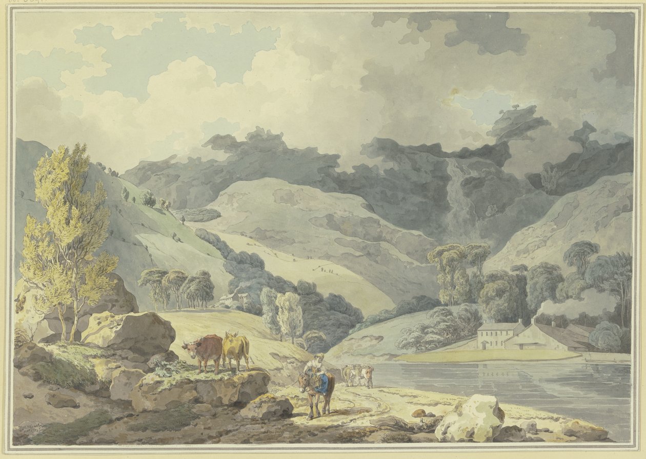 Paisagem montanhosa, no caminho uma rapariga a cavalo, à esquerda duas vacas de Francis Wheatley