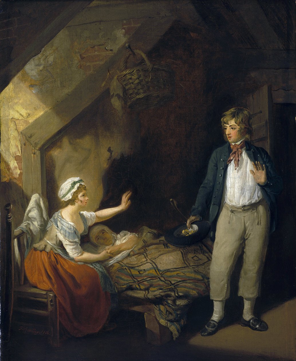 O regresso do marinheiro, interior da casa de campo: quarto de dormir, com a mulher e a mãe deitadas na cama, única mobília do quarto, com paredes de tijolo nuas de Francis Wheatley