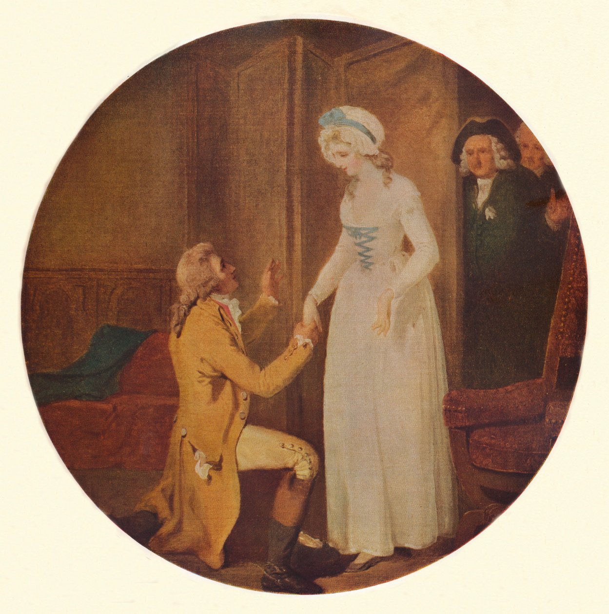 Young Marlow e Miss Hardcastle: uma cena de ela se inclina para conquistar por Oliver Goldsmith Act V, Sc de Francis Wheatley