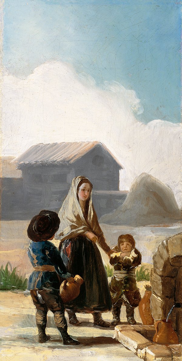 Uma mulher e duas crianças por uma fonte de Francisco de Goya