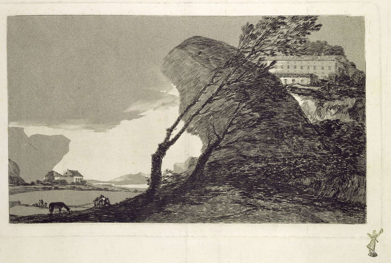 Paisagem com grandes rochas, edifícios e árvores, antes de 1810 (gravura e aquatinta) de Francisco de Goya