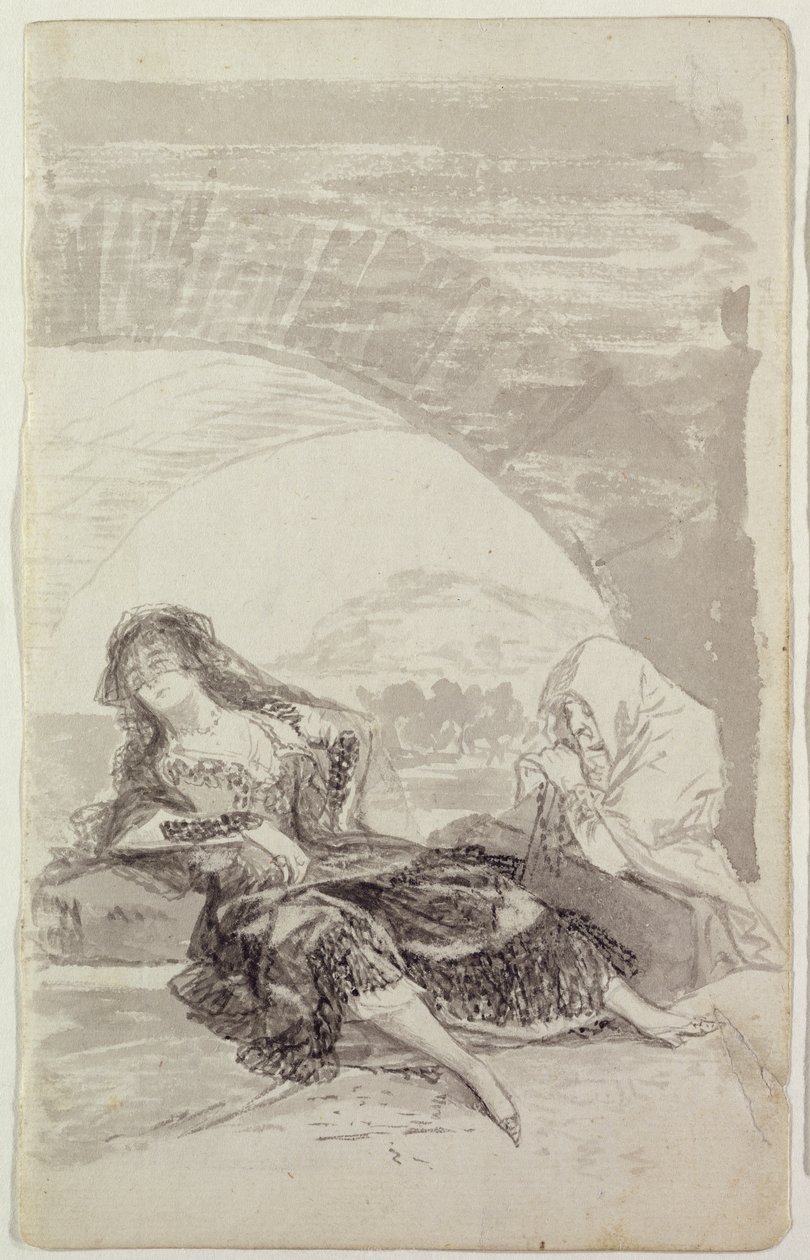 Maja e Celestina sob um arco (lápis cinza e preto sobre papel) de Francisco de Goya