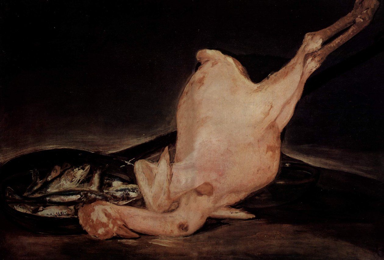 Ainda vida, peru assado e panela com peixe de Francisco de Goya