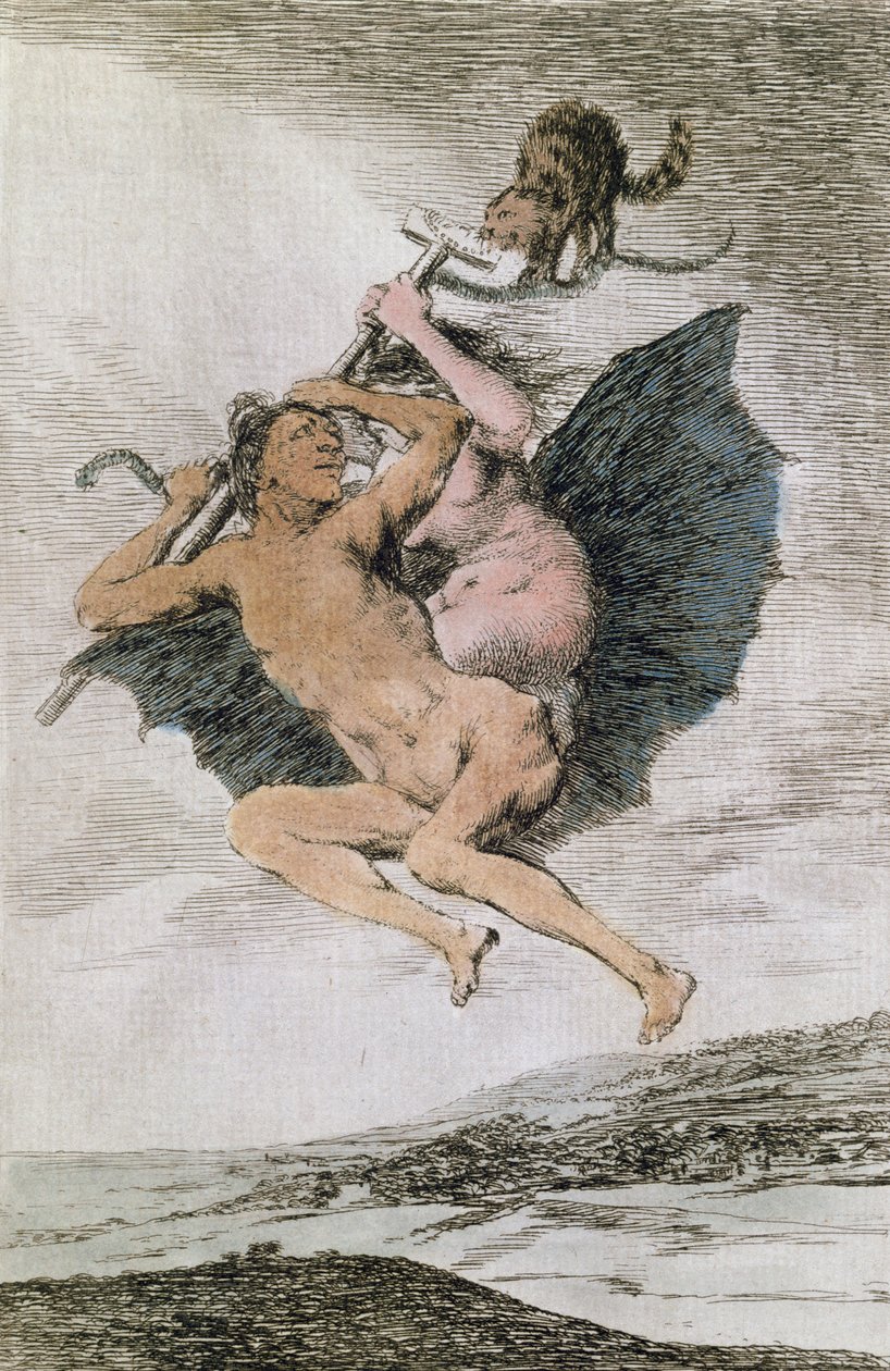 Alla va eso (Lá vai), placa 66 de &39;Los Caprichos&39;, final do século 18 (gravura a cores) de Francisco de Goya