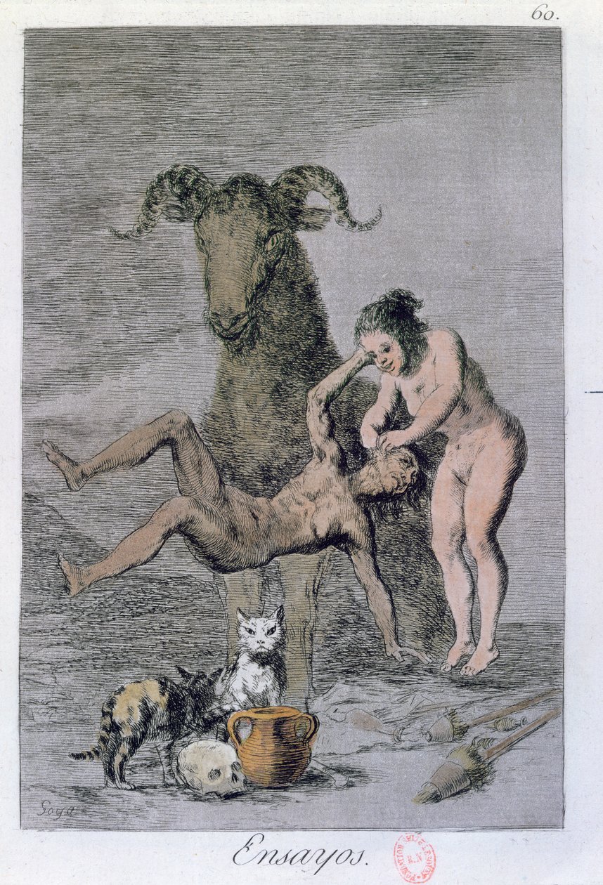 Ensayos (Trials), placa 60 de &39;Los Caprichos&39;, final do século XVIII (gravura colorida de Francisco de Goya