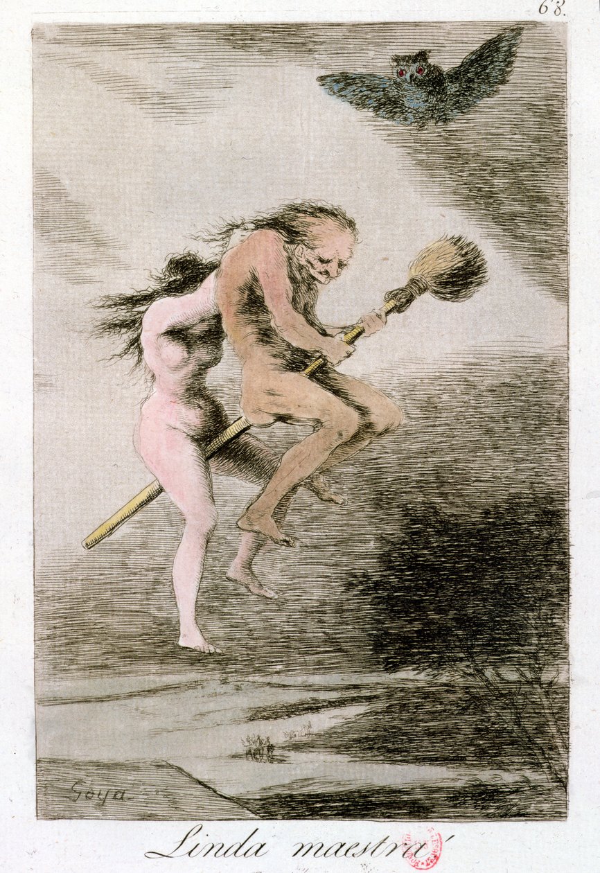 Linda Maestra (Pretty Teacher), placa 68 de &39;Los Caprichos&39;, final do século XVIII (gravura a cores) de Francisco de Goya