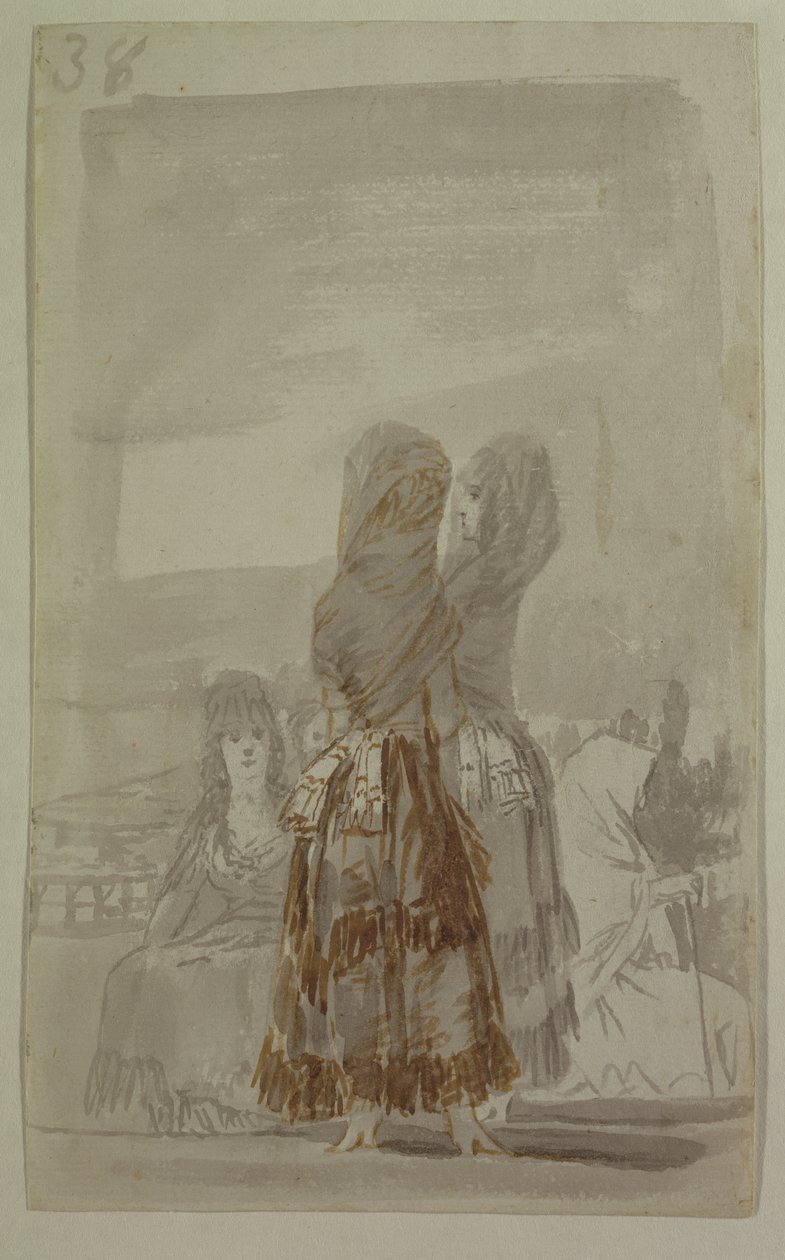 Majas desfilando no paseo (lápis cinza e preto sobre papel) de Francisco de Goya