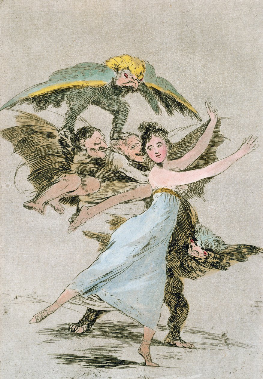 No te escaparas (Você não vai escapar), placa 72 de &39;Los Caprichos&39;, final do século XVIII (gravura a cores) de Francisco de Goya