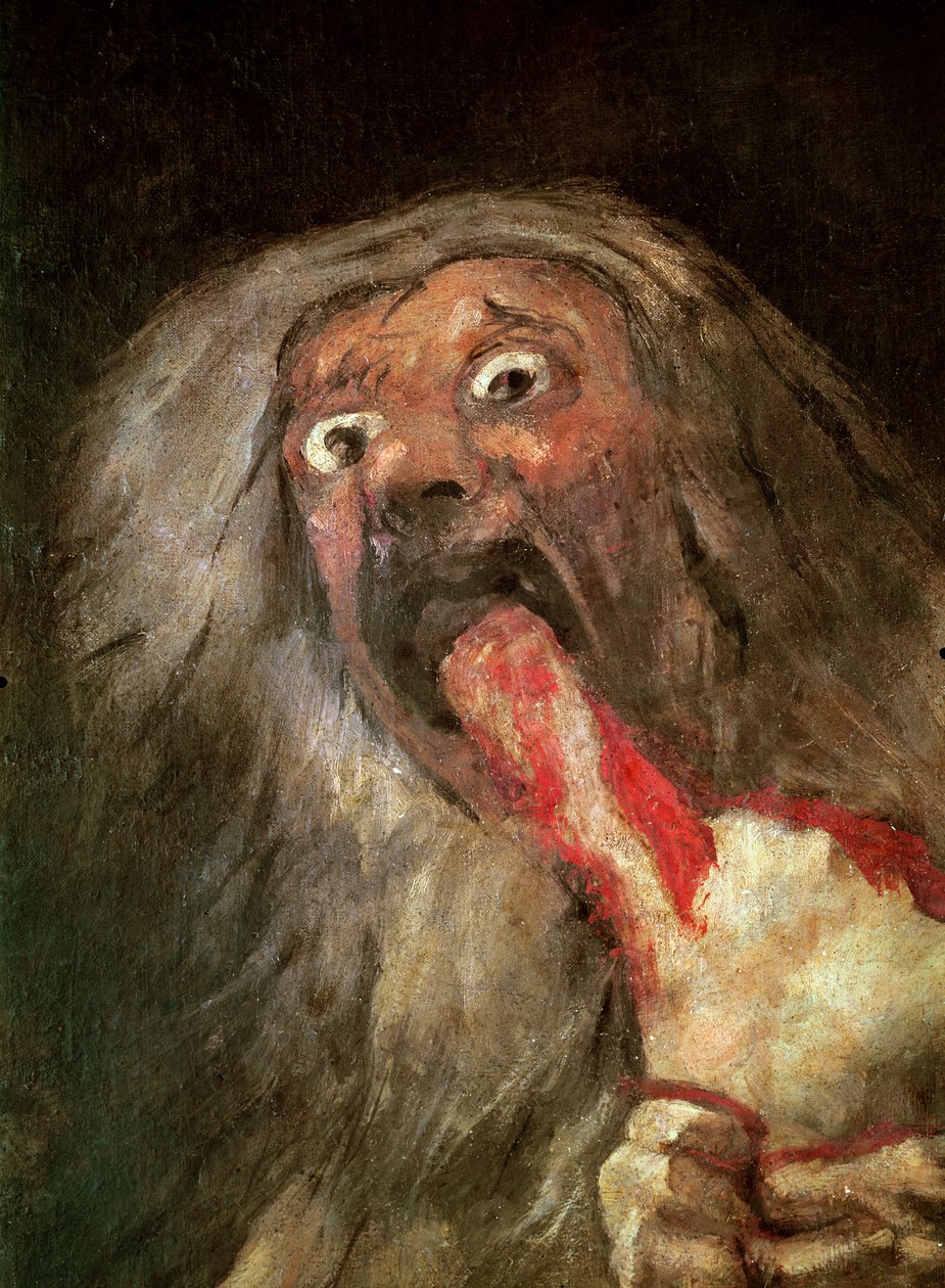 Saturno devorando o seu Filho detalhe da cabeça de Saturno, c.1819-23 óleo mural transferido para tela de Francisco de Goya