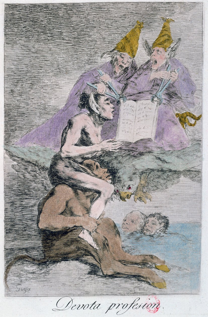 A Profissão Devota, prato 70 de &39;Los caprichos&39;, final do século XVIII (gravura colorida) (ver também 81689) de Francisco de Goya