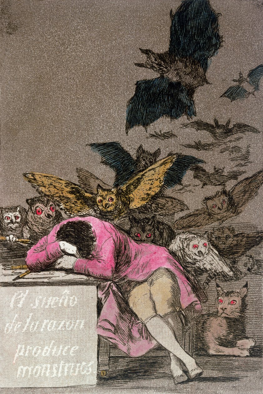 O sono da razão produz monstros, placa 43 de &39;Los Caprichos&39;, publicado c.1810 (gravura de cor) de Francisco de Goya