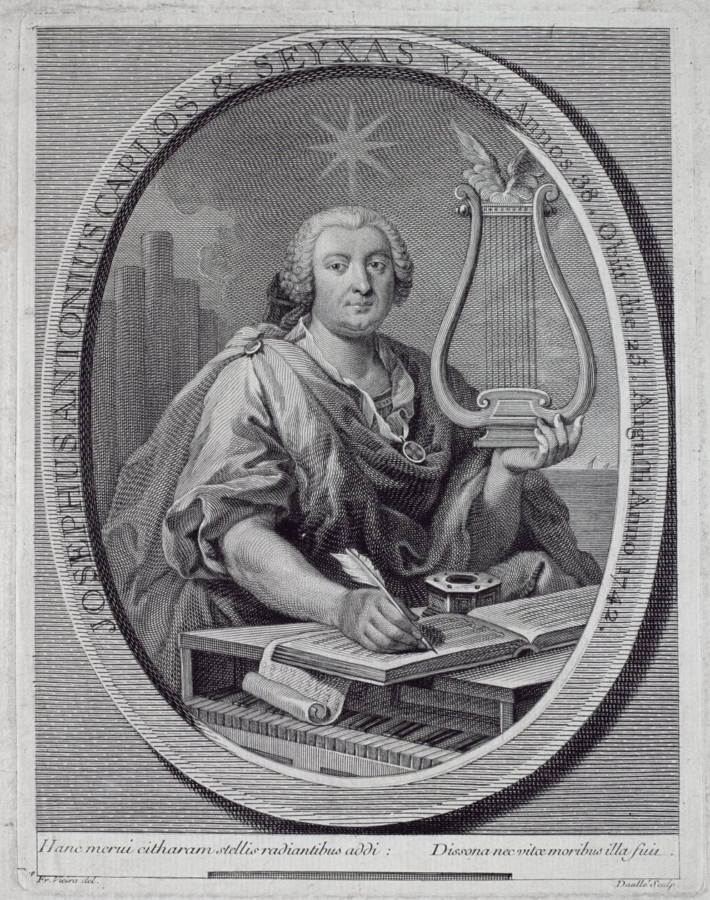 Portrait of Jose Carlos Seixas (1704-42) engraved by John Daulle (1703-63)  de Francisco Vieira