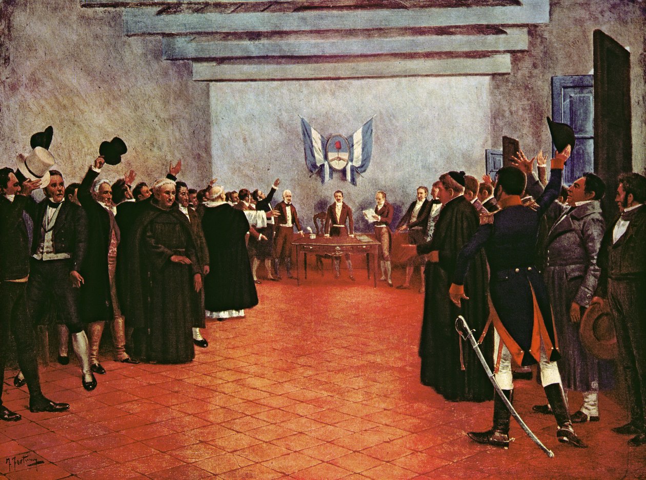 O Congresso de Tucuman - Declaração da Independência das Províncias Unidas do Rio e do Prata em 9 de julho de 1816 (lito a cores) de Francisco (after) Fortuny