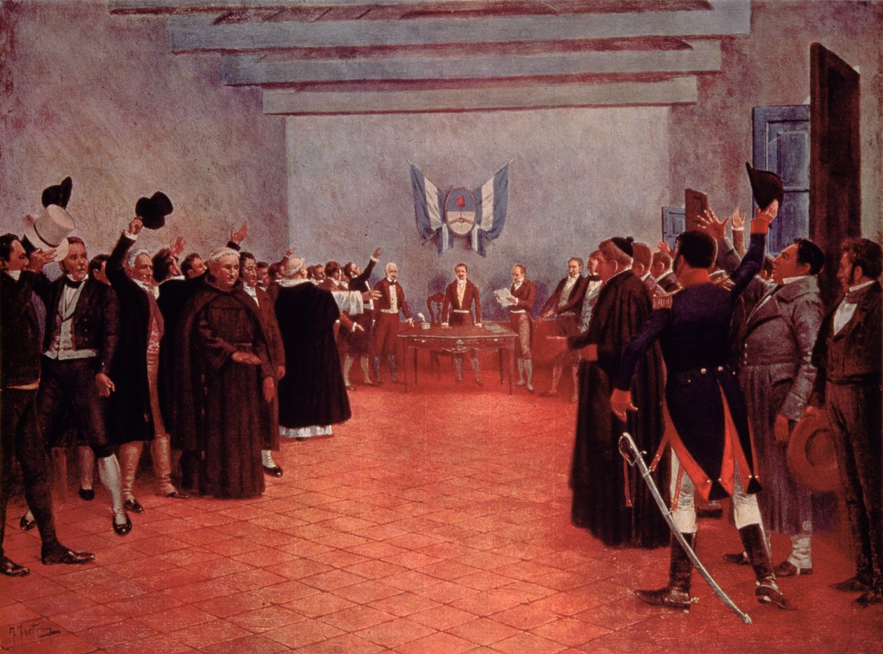 O Congresso de Tucumán, a Declaração de Independência da Argentina de Espanha em 1816 (cor litho) de Francisco (after) Fortuny