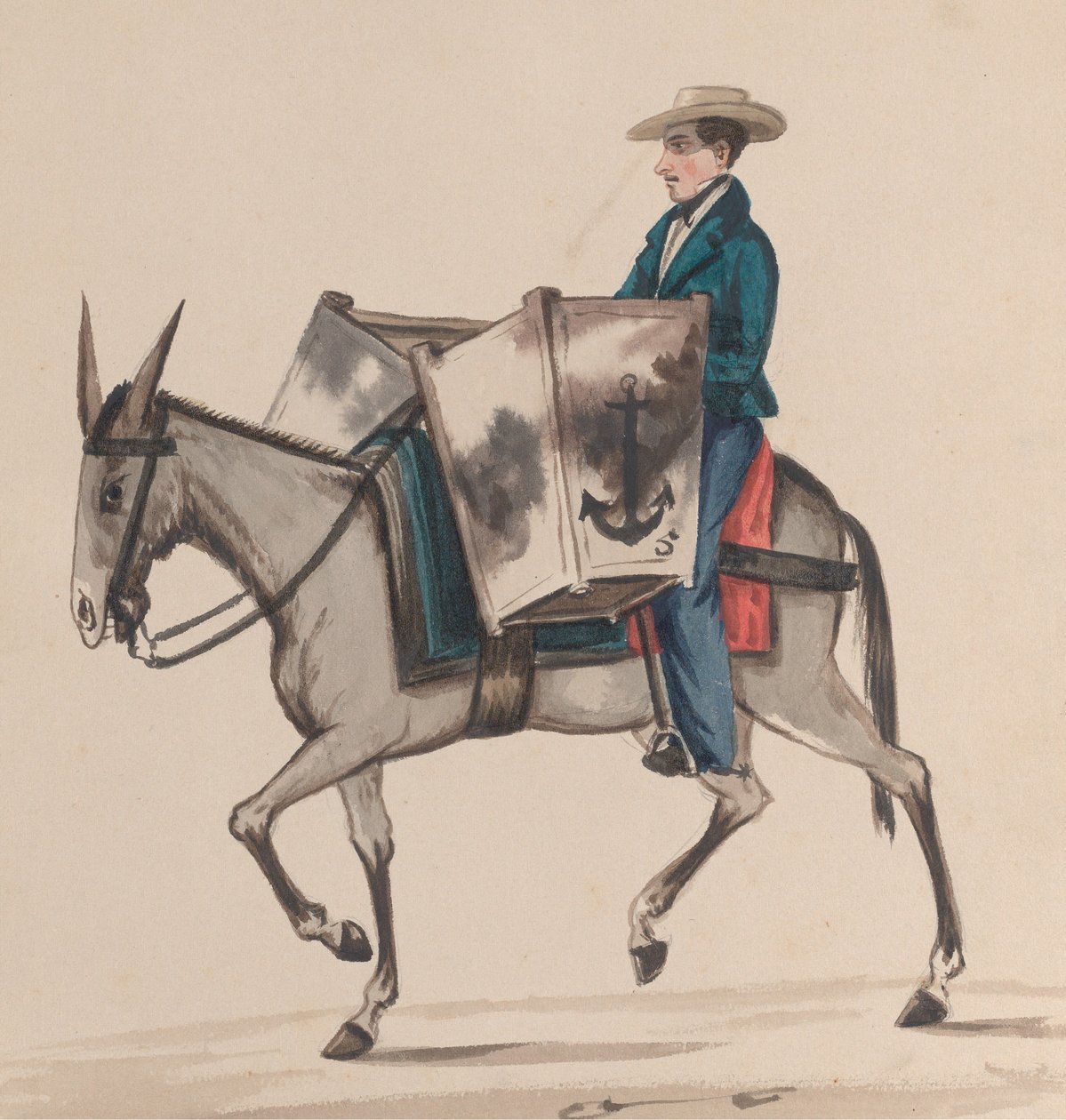 Um padeiro a cavalo, de um grupo de desenhos que retratam o traje peruano, ca. 1848. de Francisco