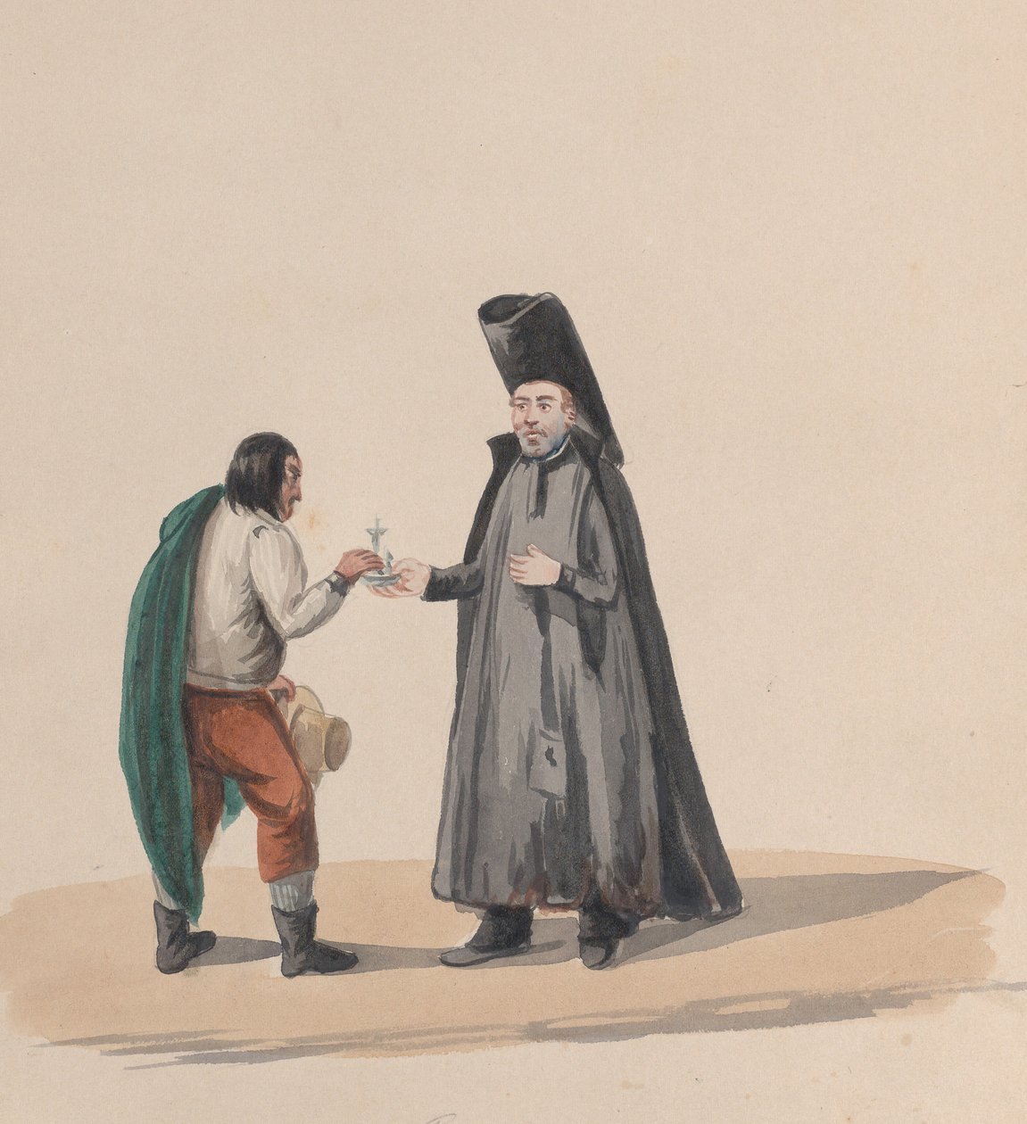 Um cânone entregando um crucifixo a um homem, de um grupo de desenhos retratando um traje peruano, 1848. de Francisco