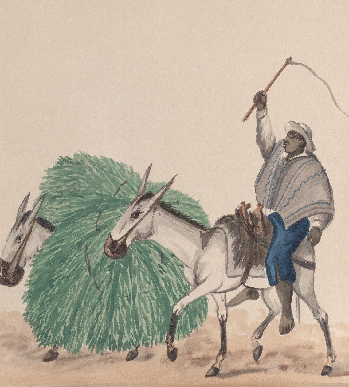 Um homem montado numa mula, o seu chicote levantado, outra mula carregada de erva ao lado..., ca. 1848. de Francisco